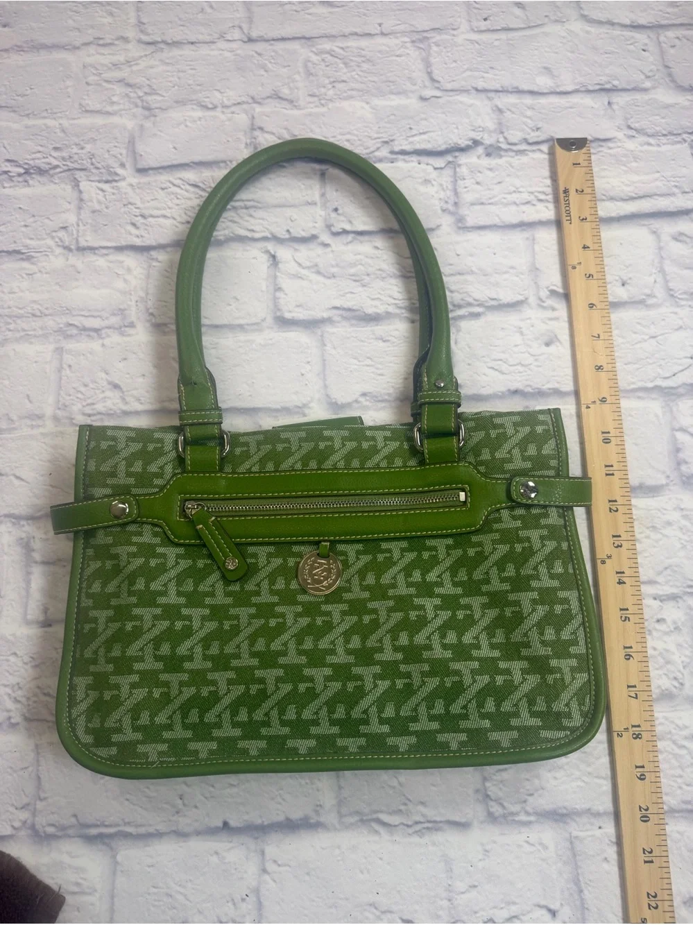 Vintage Izod Monogram Canvas and Leather Trim Green Hobo/Satchel Bag.